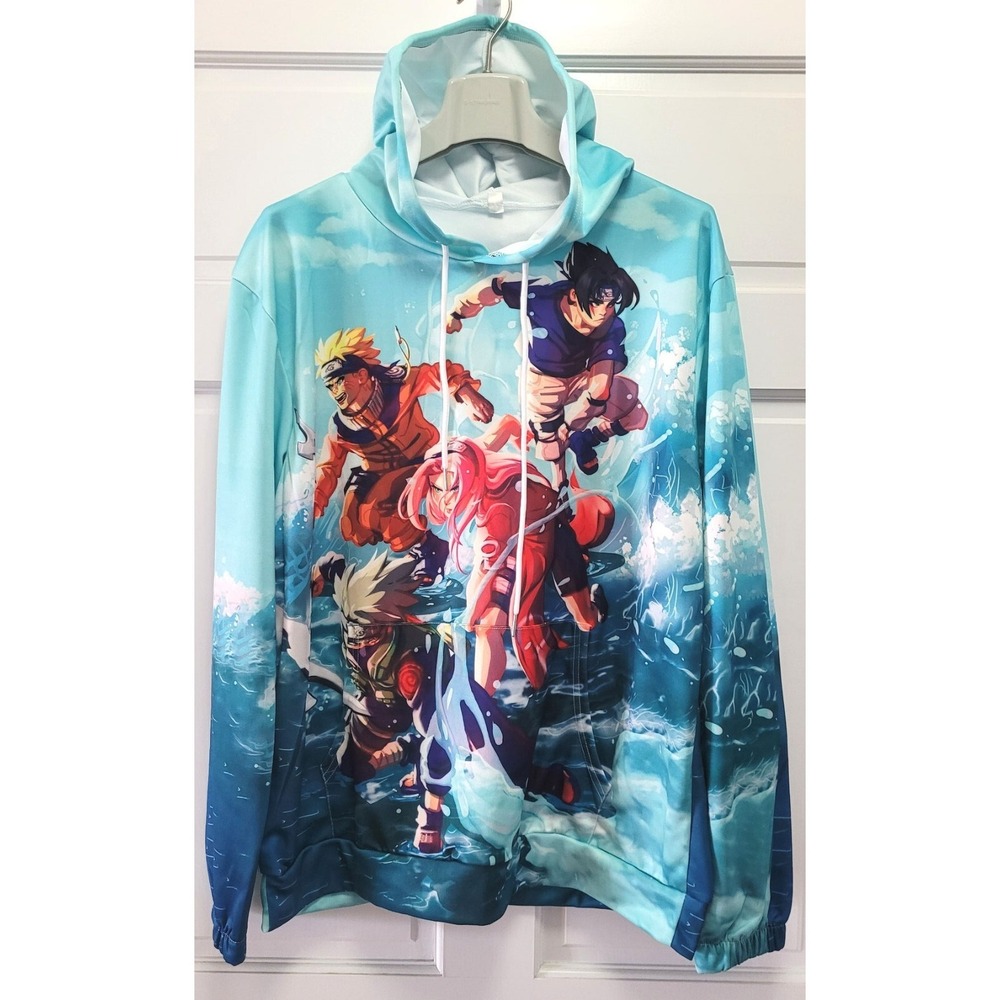 Men's Anime Naruto Sweatshirt Hoodie w/ Kangaroo Pockets - Aqua - Large